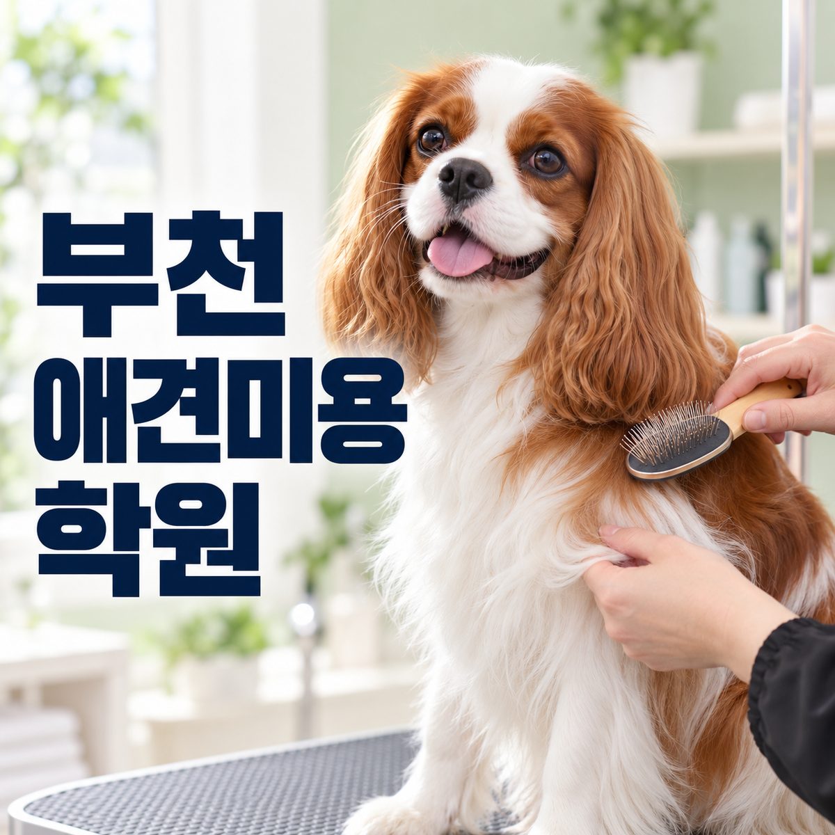부천애견미용학원 썸네일, 카발리에 킹 찰스 스패니얼을 브러싱하는 장면