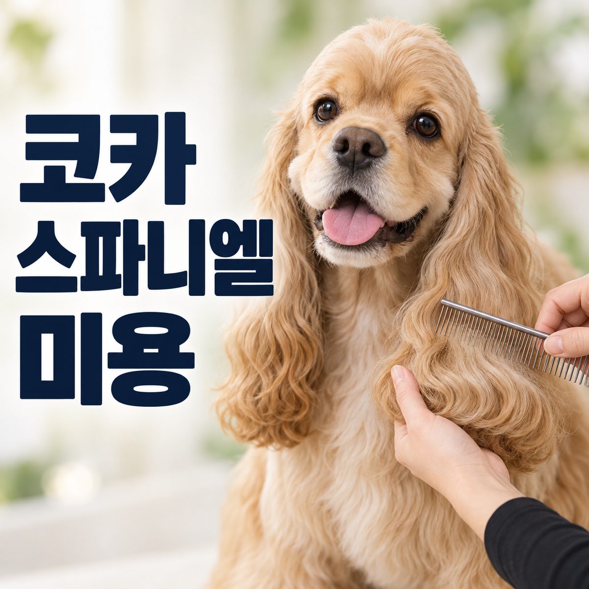 코카스파니엘의 긴 털을 콤으로 손질하는 모습
