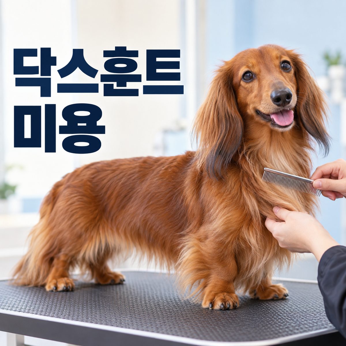 닥스훈트미용 중 장모의 가슴 털을 콤으로 정리하는 모습