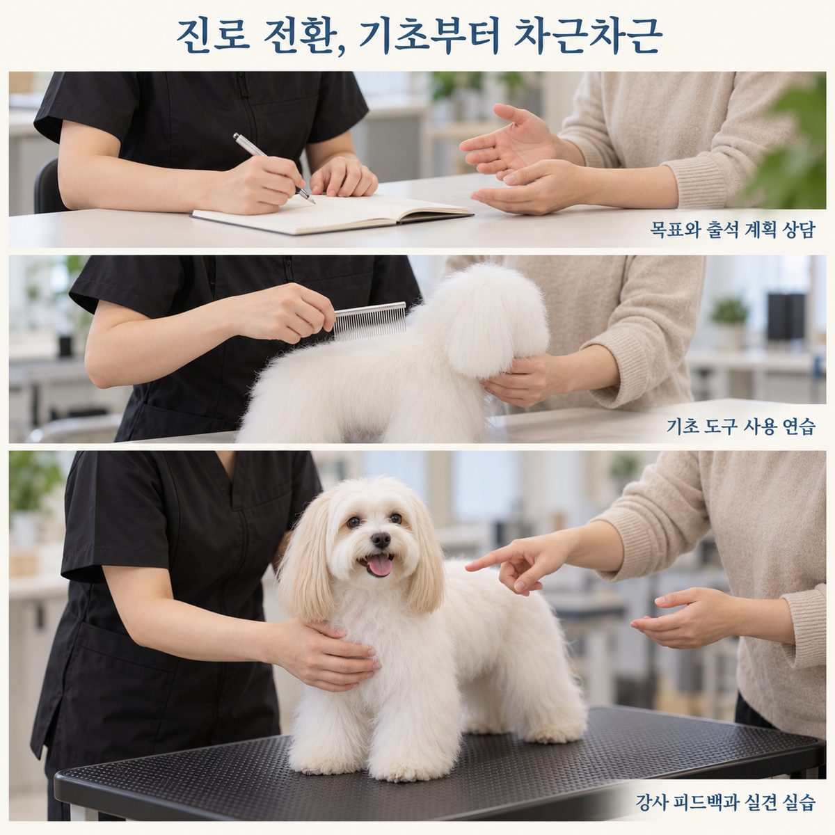진로 전환을 위한 목표 상담, 기초 도구 연습, 강사 피드백과 실견 실습 단계