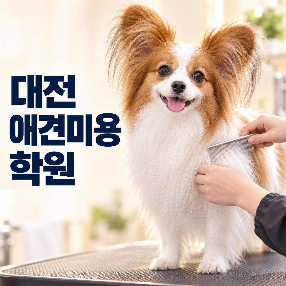 대전애견미용학원 썸네일, 파피용을 빗질하는 장면