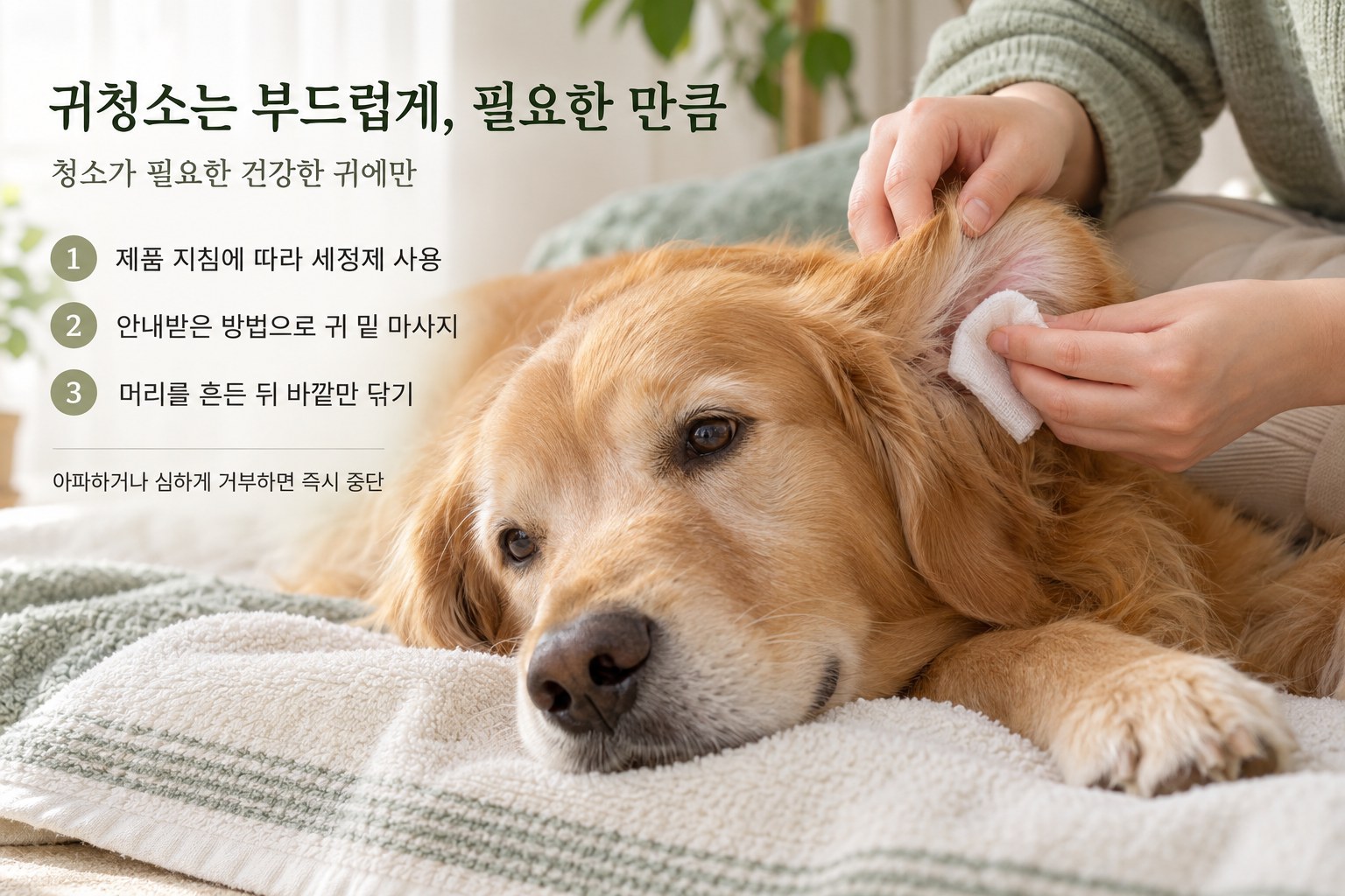 골든리트리버의 귀 바깥을 거즈로 닦는 장면과 관리 순서