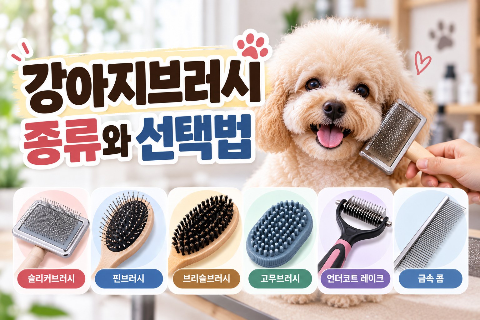강아지브러시 종류와 선택법을 소개하는 푸들과 여섯 가지 브러시 타이틀 이미지