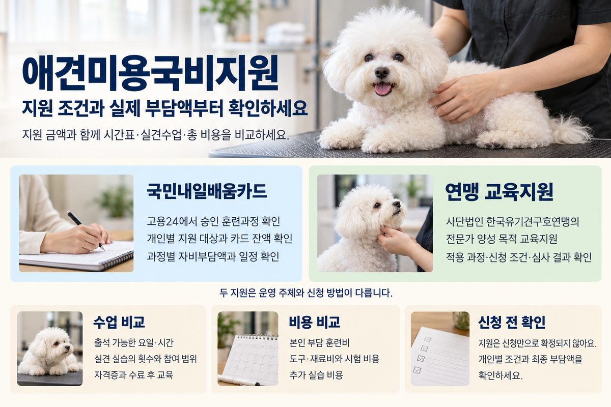 애견미용국비지원 국민내일배움카드와 한국유기견구호연맹 교육지원 비교 안내