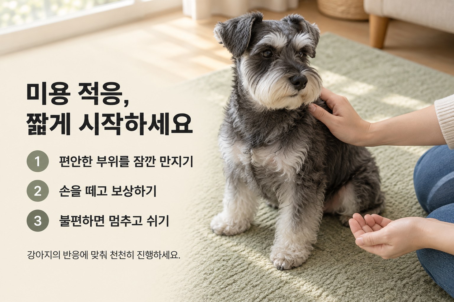 슈나우저를 잠깐 만진 뒤 손을 떼고 보상하며 불편하면 쉬는 적응 연습