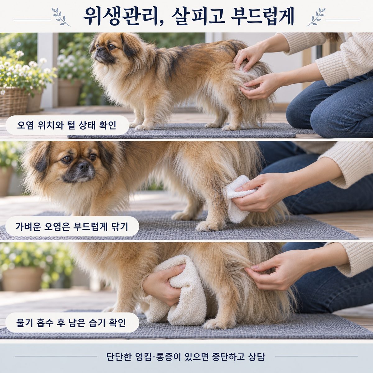 산책 후 강아지의 오염 위치를 확인하고 부드럽게 닦은 뒤 남은 습기를 살피는 과정