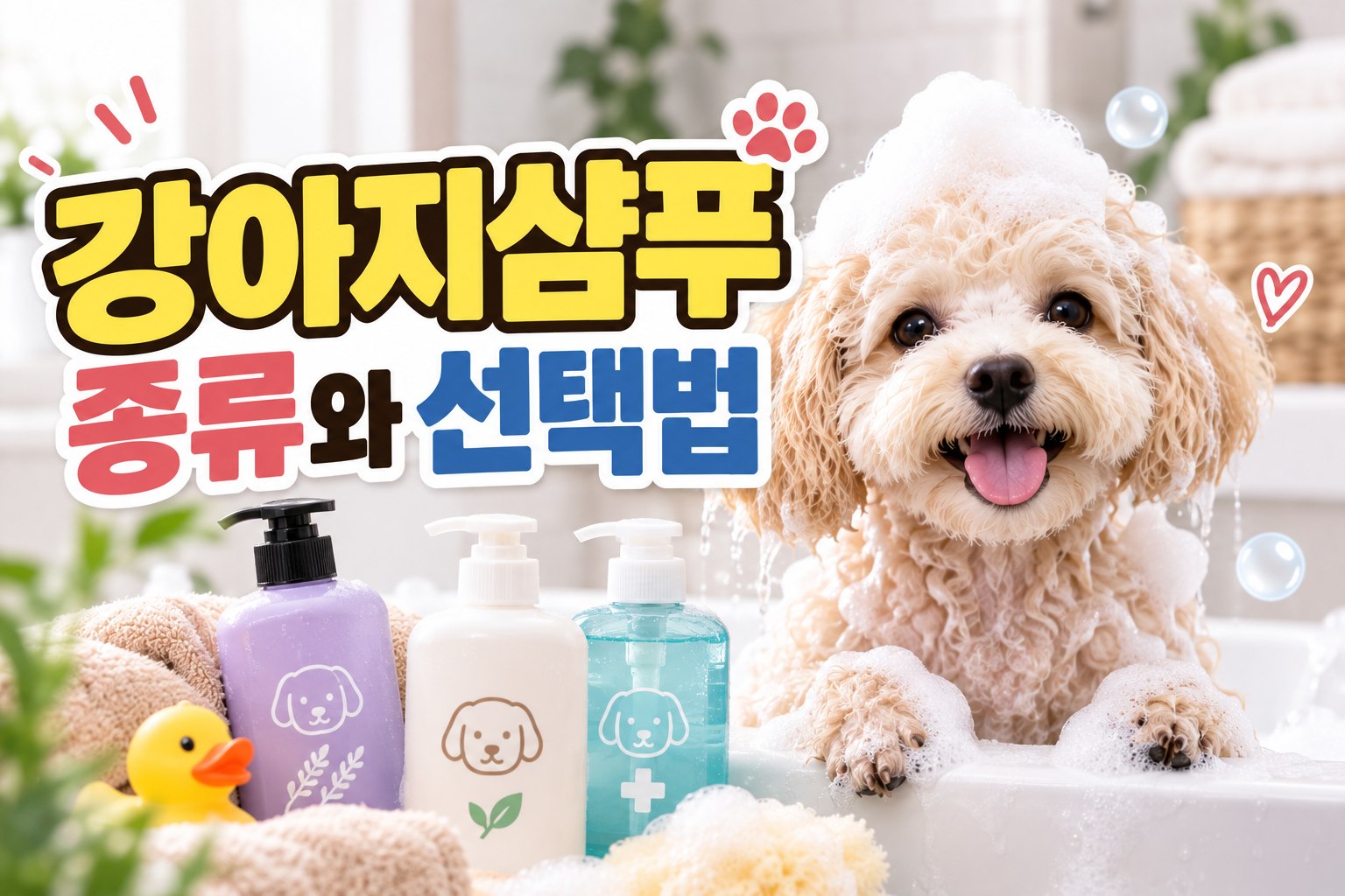 강아지샴푸 종류와 선택법을 소개하는 강아지 목욕 타이틀 이미지