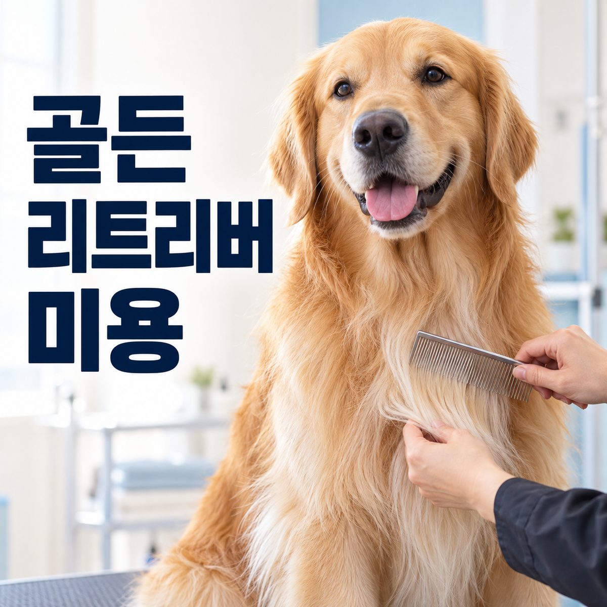 골든리트리버미용 중 가슴의 긴 털을 콤으로 손질하는 모습