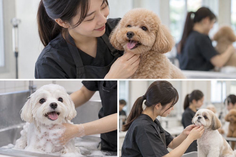 애견미용사가 목욕과 상담 등 기본 업무를 수행하는 모습