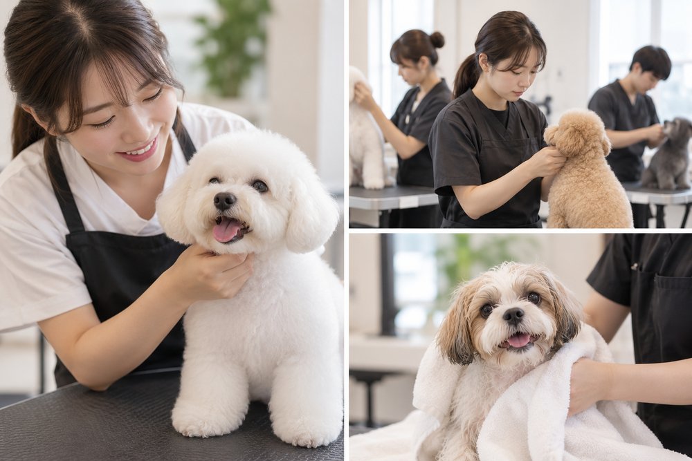여러 견종을 다루며 실습하는 애견미용사 교육생들