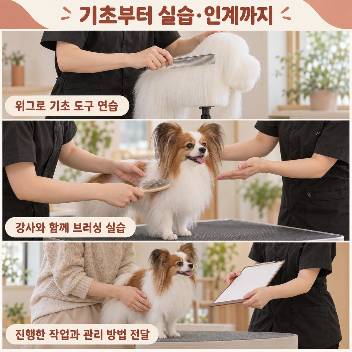 위그로 기초 도구 연습, 강사와 함께하는 브러싱 실습, 보호자에게 진행한 작업과 관리 방법 전달까지의 단계