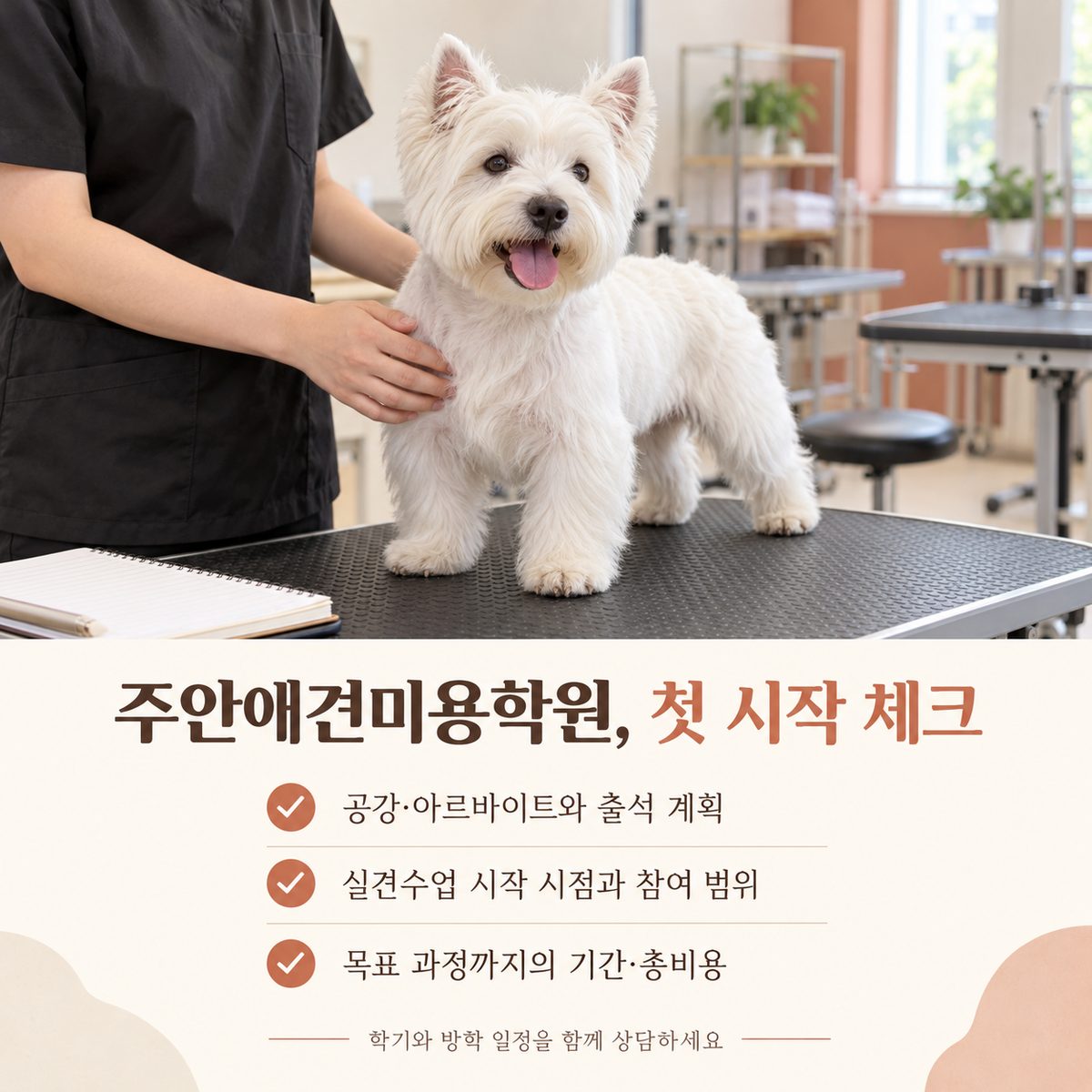 주안애견미용학원 첫 시작 체크: 공강·아르바이트와 출석 계획, 실견수업 시작 시점과 참여 범위, 목표 과정까지의 기간·총비용