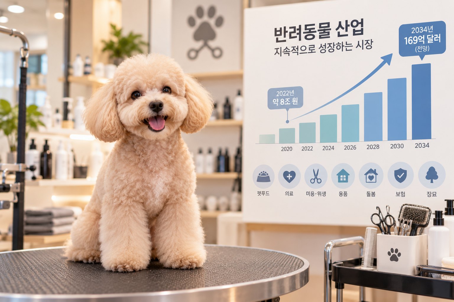 반려동물 산업의 성장 전망과 펫푸드 의료 미용 서비스 분야를 나타낸 이미지