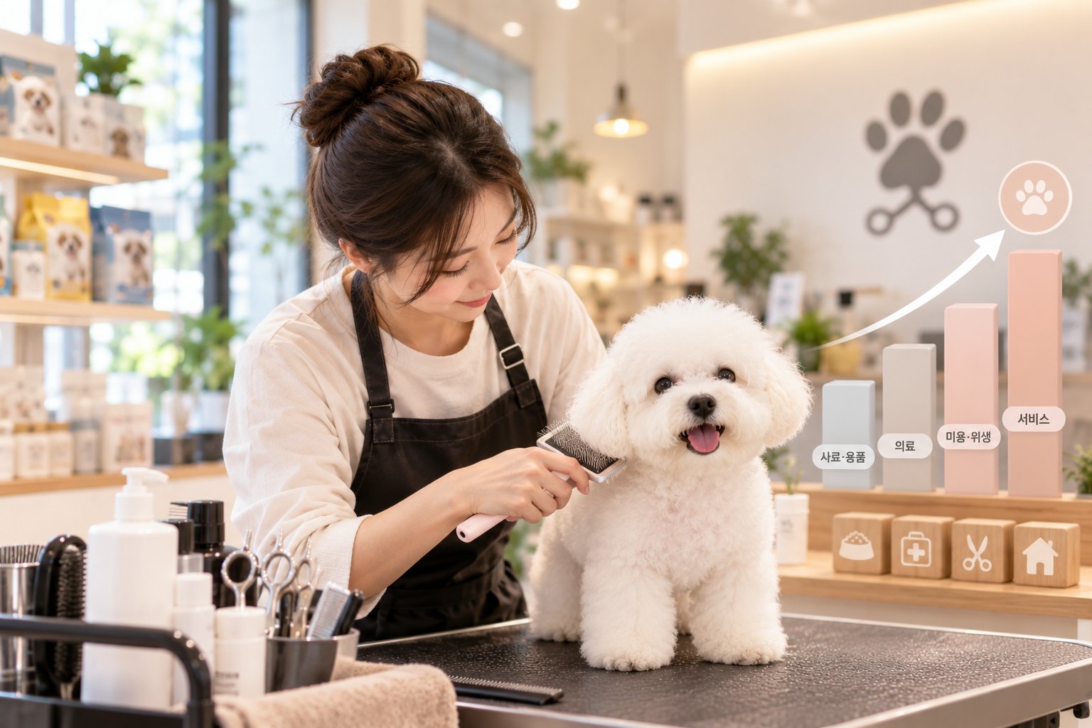 반려동물 시장의 사료 용품 의료 미용 서비스 분야 성장 이미지