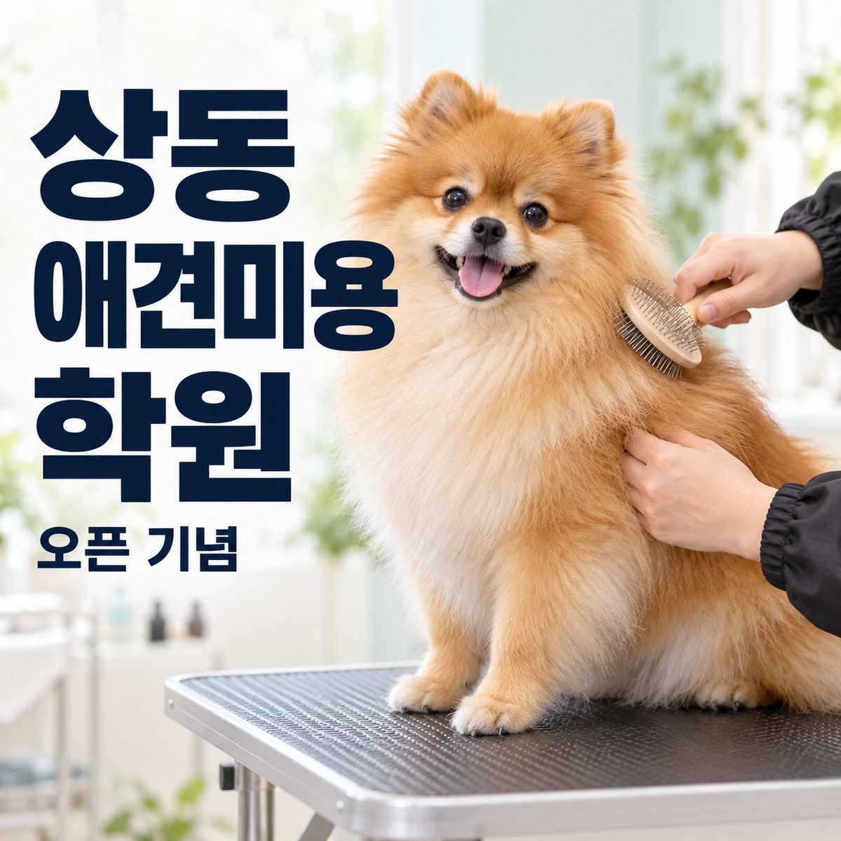 상동애견미용학원 오픈 기념 안내와 포메라니안 브러싱 장면