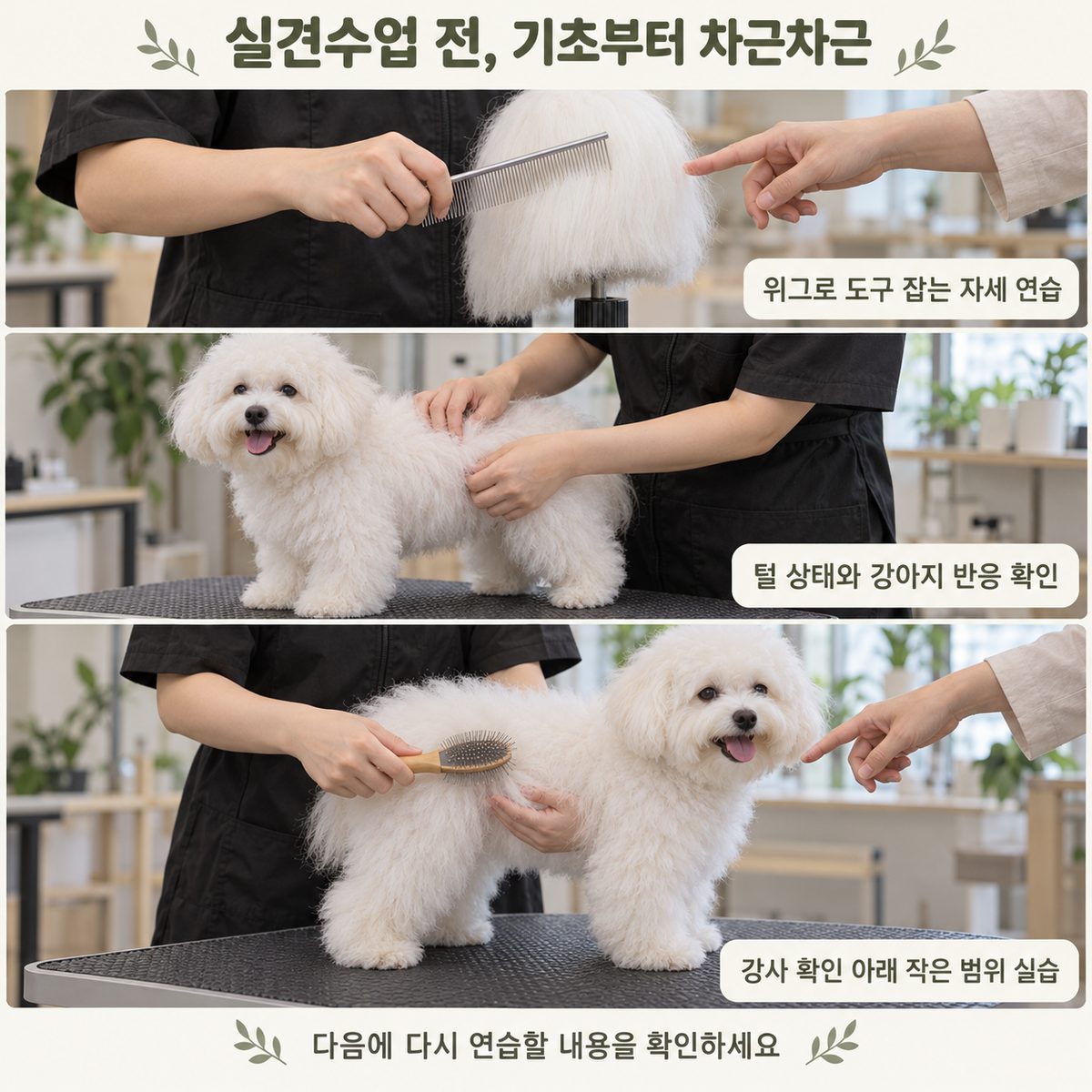 기초 도구 자세 연습과 털 상태 확인, 강사 지도 아래 실습 장면