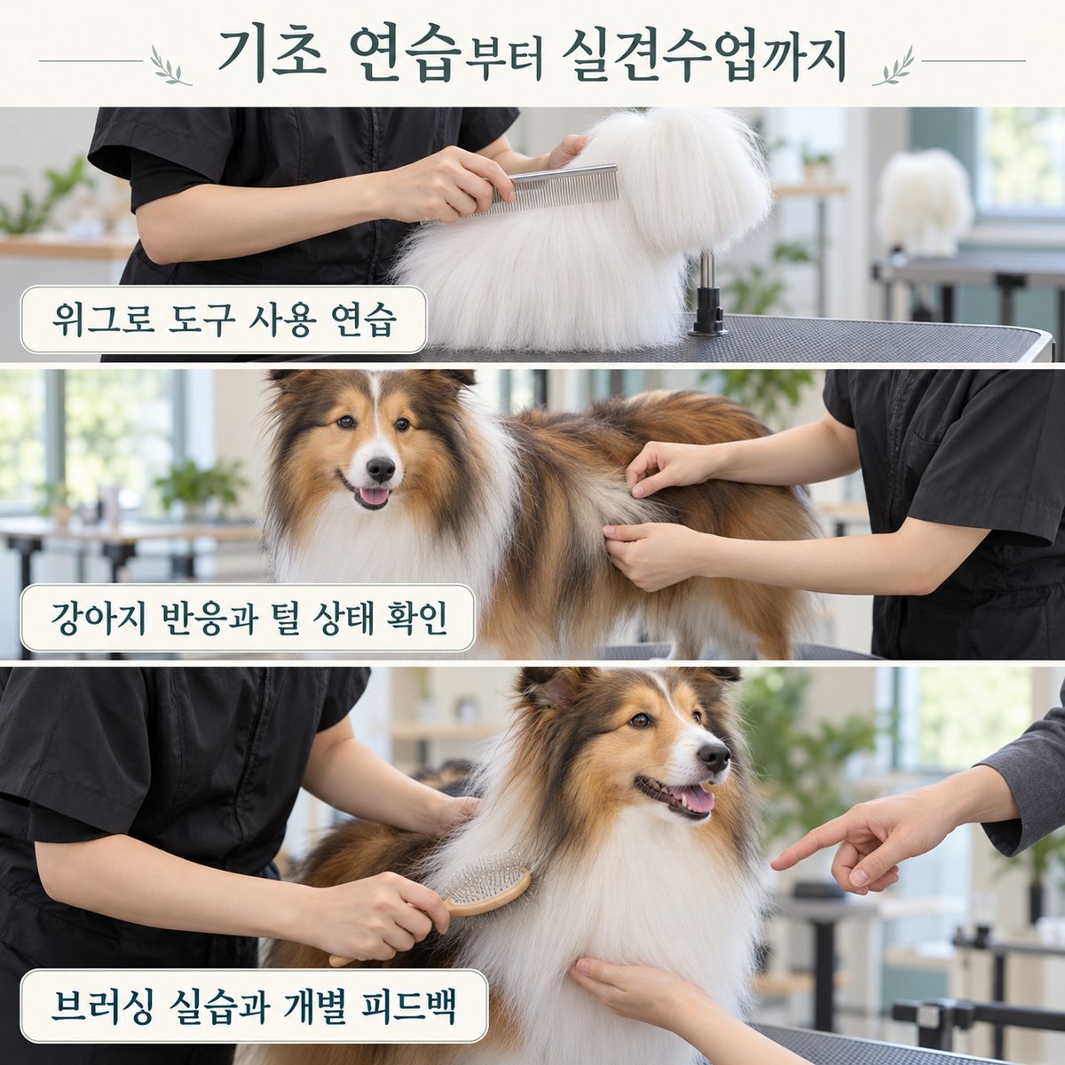 위그로 도구 사용 연습부터 강아지 반응 확인, 브러싱 실습과 개별 피드백까지의 실견수업 단계