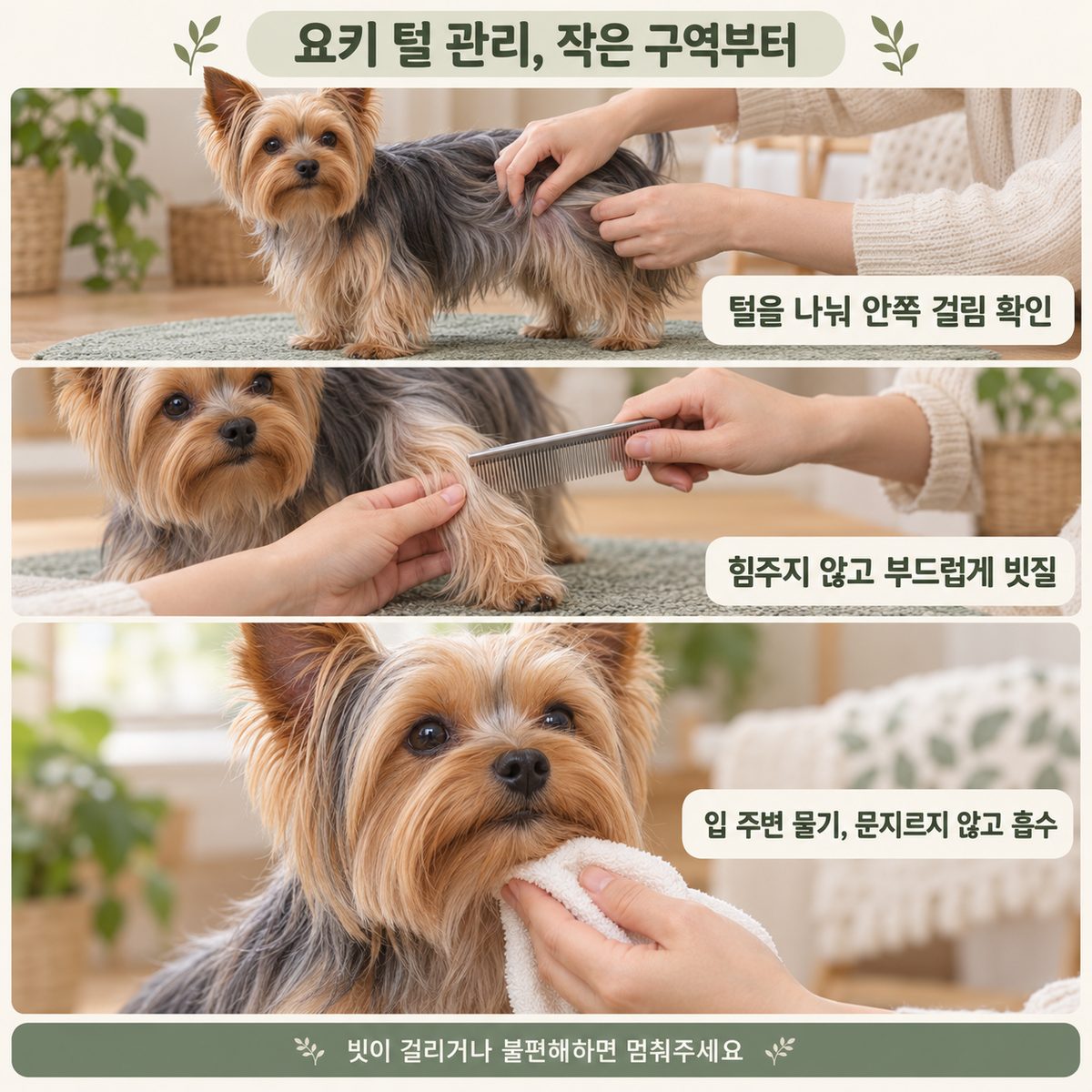 요크셔테리어 털 안쪽 확인, 부드러운 빗질과 입 주변 물기 관리 과정