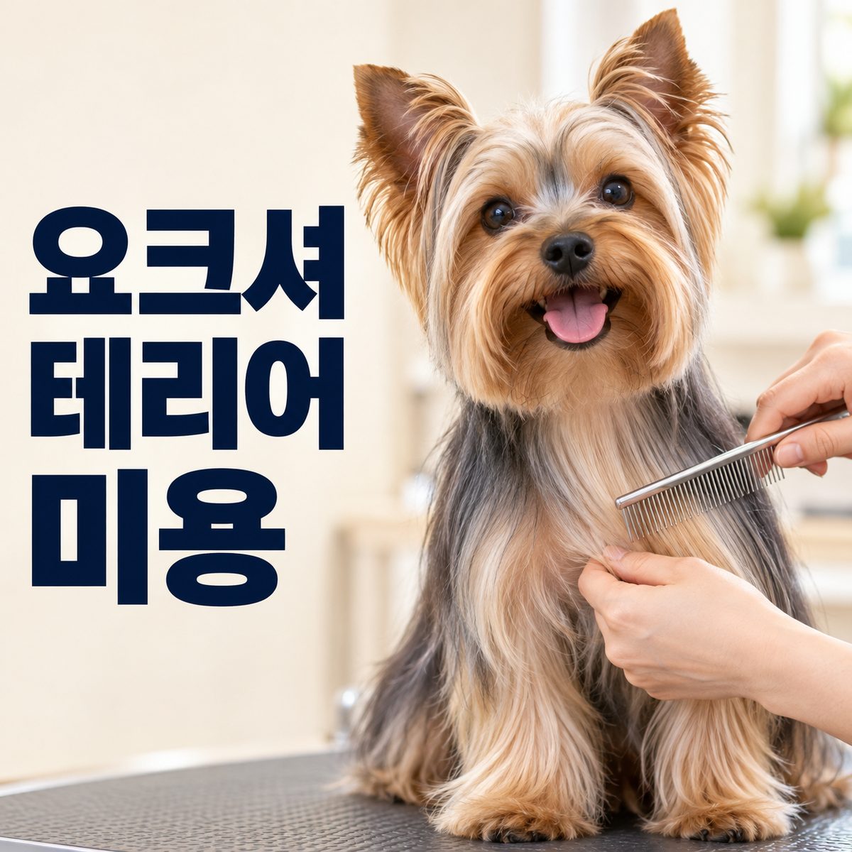 긴 털의 요크셔테리어를 콤으로 살펴보는 미용 대표 이미지